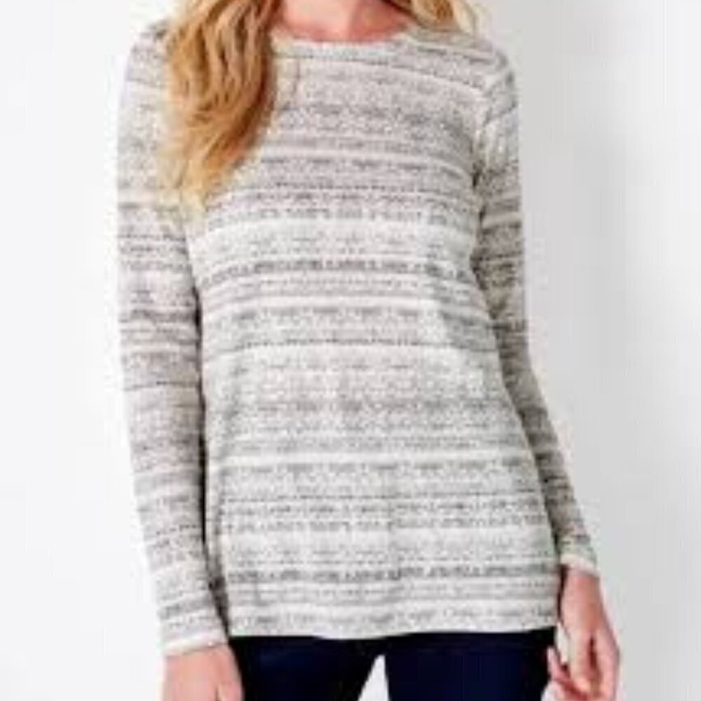 J. Jill Long-Sleeve Pima Crew-Neck Pullover Tee Gray Ivory Print Small Petite